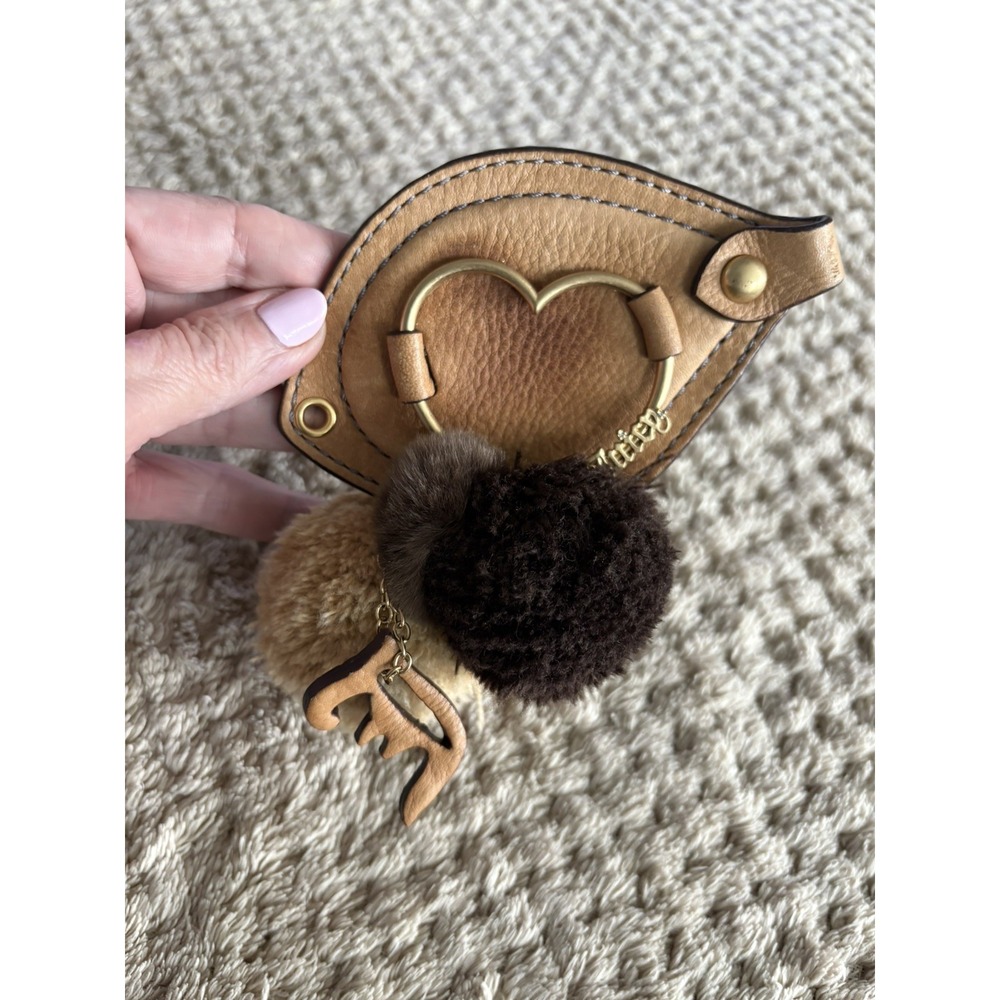 JUICY COUTURE Vintage Leather Y2K Heart Pom Pom Charm Bag Purse Key Chain Rare